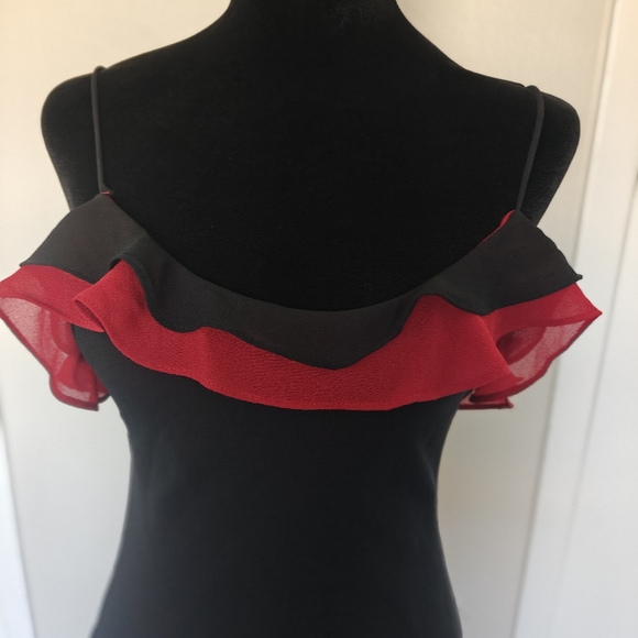 vintage Betsy & Adam By Jaslene black red hi-low ruffle cocktail dress 6 - Picture 2 of 10